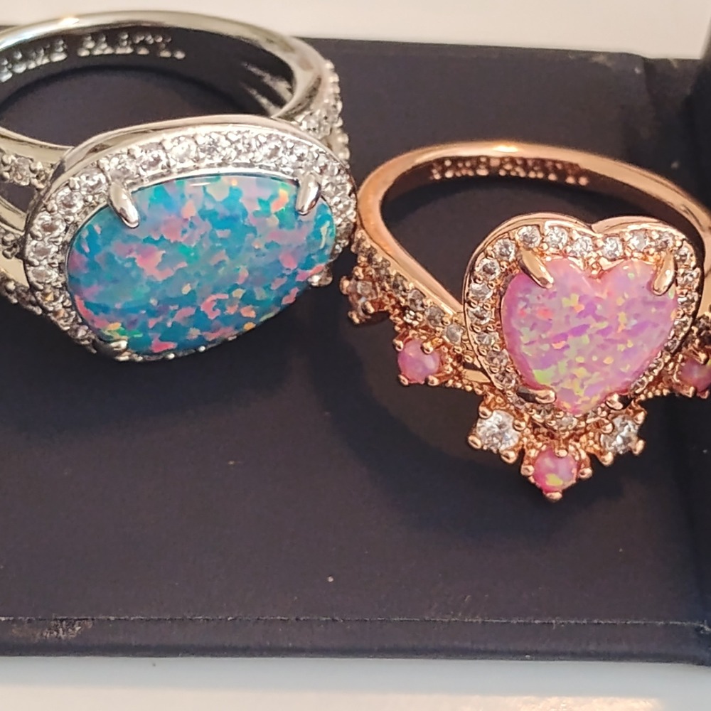 💗Fire Opal Ring Duo Bomb Party Pink Heart & Azure Oval Whimsygoth witchy Y2K